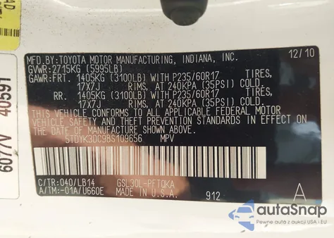 2011 Toyota Sienna Xle V6 Auto Access Seat z USA, uszkodzony, nr VIN 5TDYK3DC9BS109656